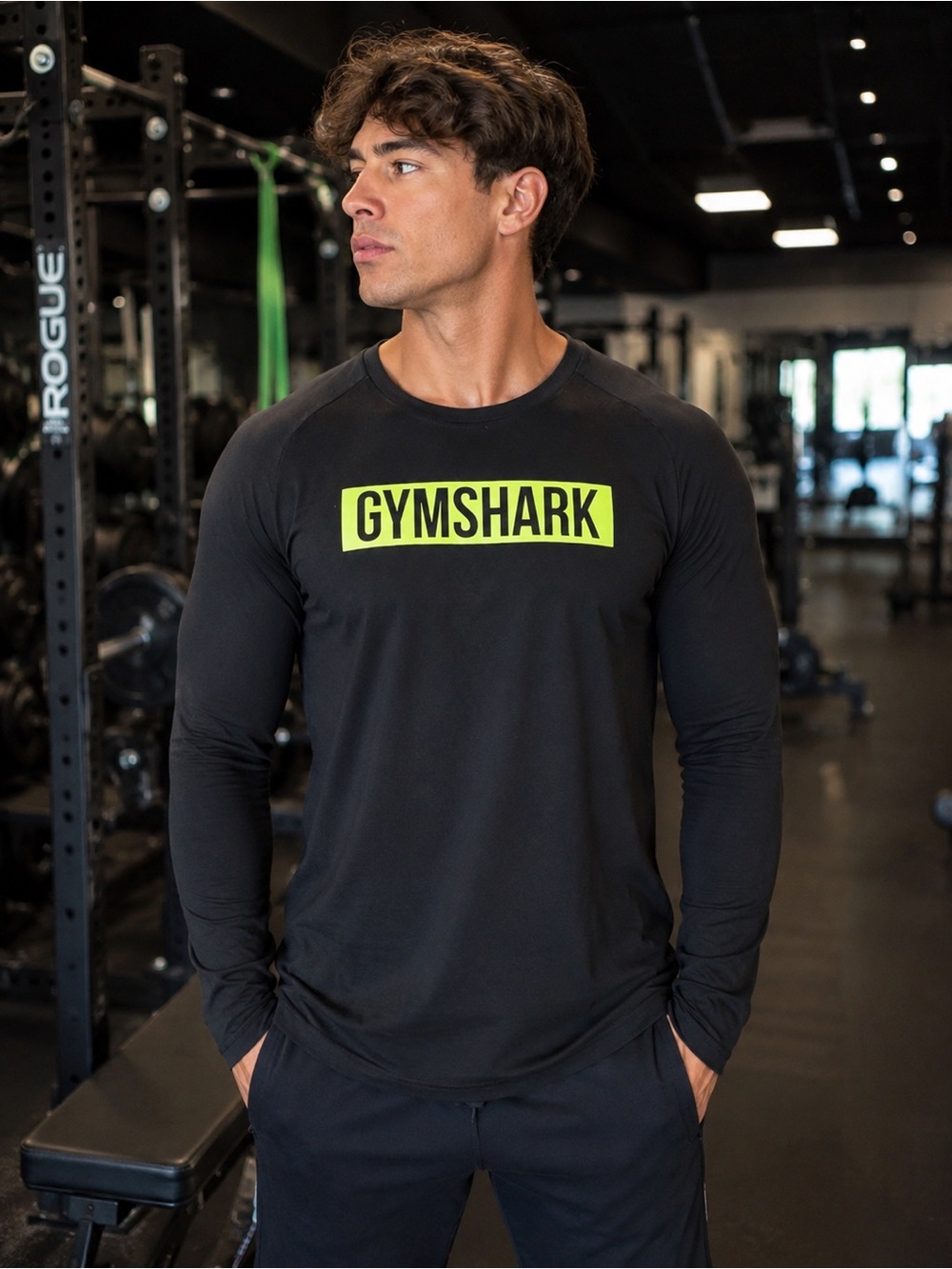 Gymshark Black Long Sleeve Shirt with Neon Yellow Logo Block Sz L